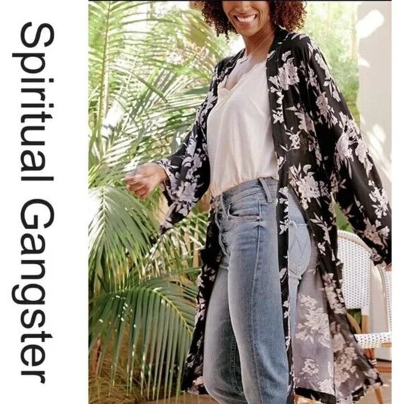 Spiritual Gangster Boho Cardigan Women One Size OS Black Floral Tie Rayon Asian - Picture 14 of 14